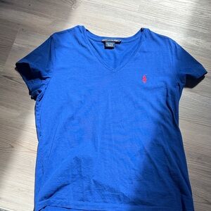 Ralph Lauren Royal Blue V-Neck Tee with Red Emblem
